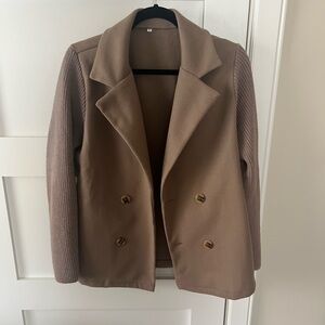 Nordstrom Taupe and Knit-Sleeve Double-Breasted Blazer